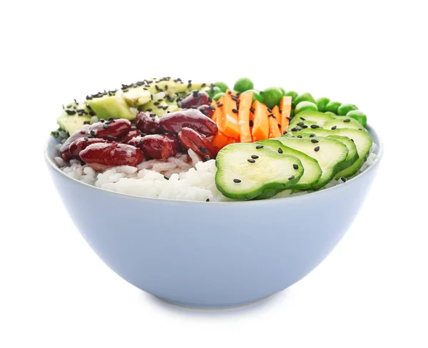 Bowl Tasty Rice Vegetables White Background — Stock Photo, Image