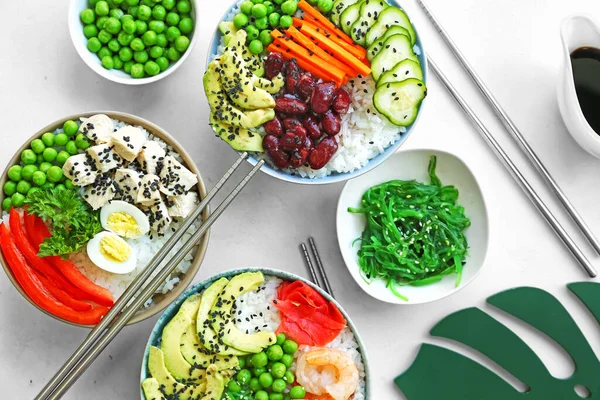 Different Poke Bowls Light Background — Stock Photo, Image