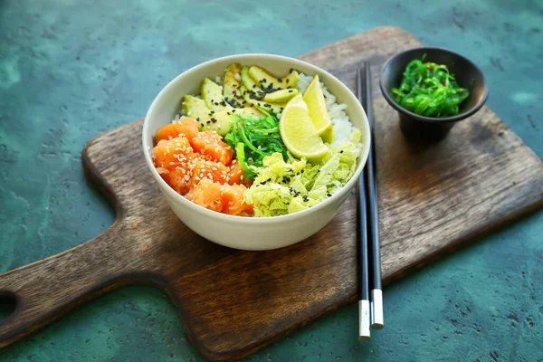 Bowl Tasty Rice Fish Vegetables Color Background — Stock Photo, Image