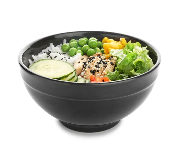 Bowl Tasty Rice Chicken Vegetables White Background — Stock Photo, Image