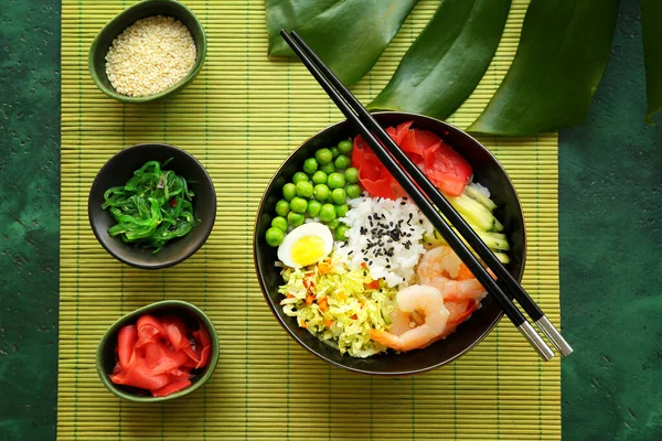 Bowl Tasty Rice Shrimps Vegetables Color Background — Stock Photo, Image