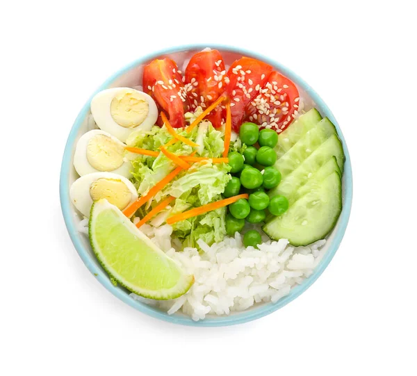 Bowl Tasty Rice Eggs Vegetables White Background — Stock Photo, Image