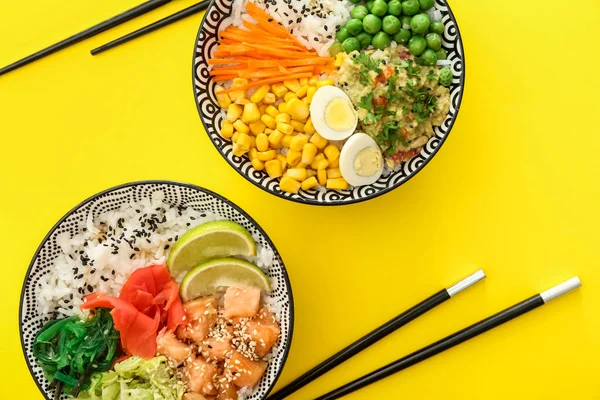 Bowls Tasty Rice Vegetables Color Background — Stock Photo, Image