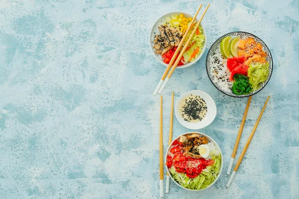 Bowls Tasty Rice Vegetables Color Background — Stock Photo, Image