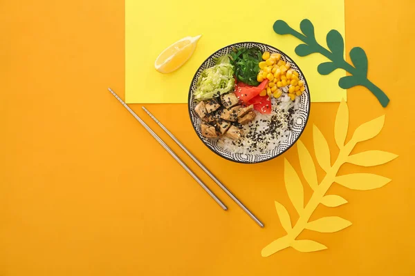 Bowl Tasty Rice Chicken Vegetables Color Background — Stock Photo, Image