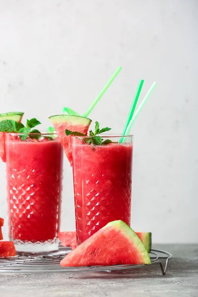 Glasses Fresh Watermelon Juice Mint Light Background — Stock Photo, Image