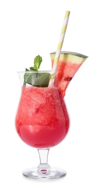 Glas Frischer Wassermelonensaft Und Minze Auf Weißem Hintergrund — Stockfoto