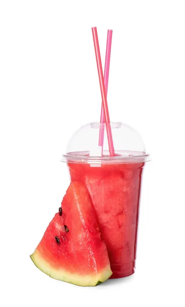 Plastic Cup Fresh Watermelon Juice White Background — Stock Photo, Image