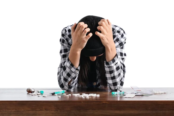 Female Junkie Drugs White Background — Stock Photo, Image