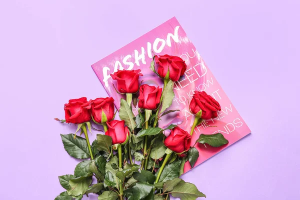 Bouquet Belle Rose Rosse Rivista Moda Sfondo Colori — Foto Stock