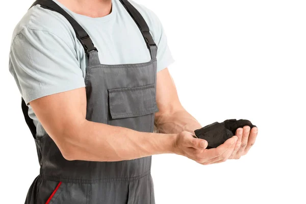 Hombre Minero Con Carbón Sobre Fondo Blanco — Foto de Stock