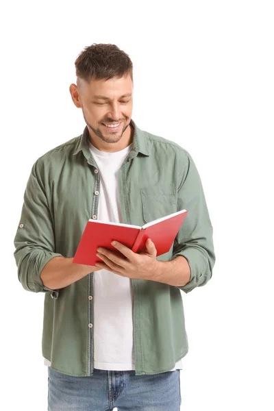 Homem Com Livro Sobre Fundo Branco — Fotografia de Stock