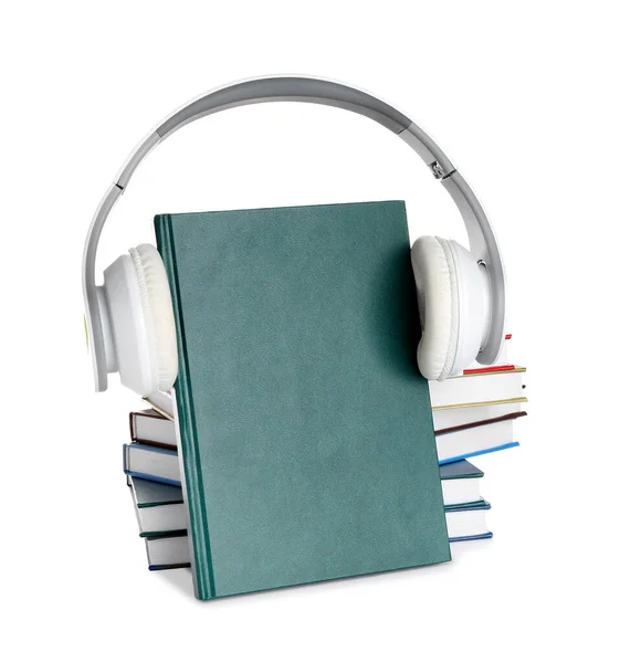 Książki Nowoczesne Słuchawki Białym Tle Pojęcie Audiobooka — Zdjęcie stockowe