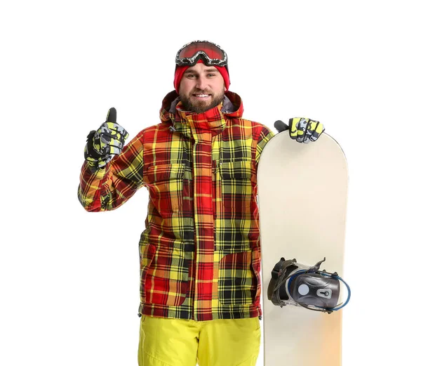 Man Snowboardåkare Visar Tummen Upp Vit Bakgrund — Stockfoto