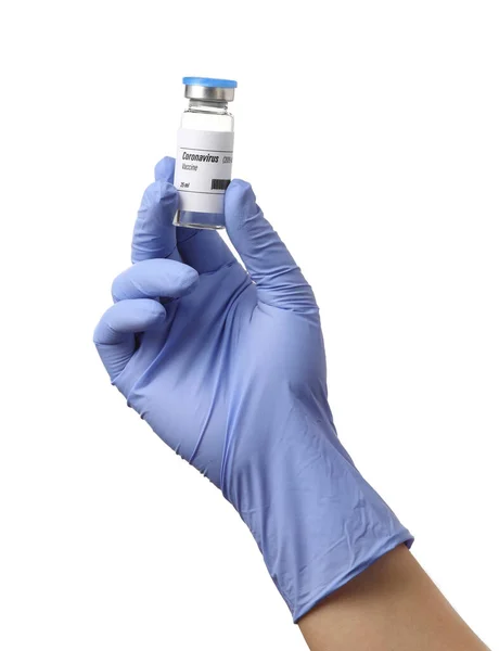 Arzthand Mit Impfstoff Gegen Covid Auf Weißem Hintergrund — Stockfoto