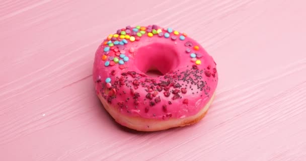 Sweet Tasty Donut Color Wooden Background — Stock Video
