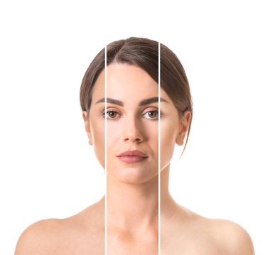 Beyaz arka planda farklı ten renkleri olan güzel genç bir kadının portresi.