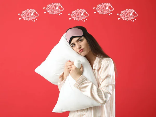 Displeased Woman Sleeping Pills Pillow Color Background Concept Sleep Deprivation — Stock Photo, Image