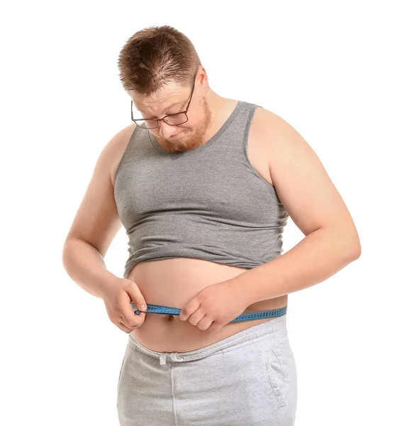 Overweight Man Measuring Tape White Background Weight Loss Concept — Stock Photo, Image