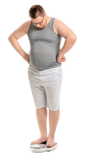 Overgewicht Man Met Schubben Witte Achtergrond Gewichtsverlies Concept — Stockfoto