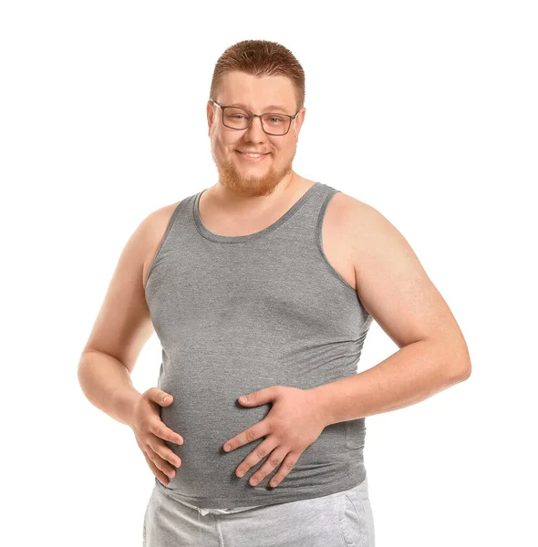 Hombre Con Sobrepeso Sobre Fondo Blanco Concepto Pérdida Peso —  Fotos de Stock