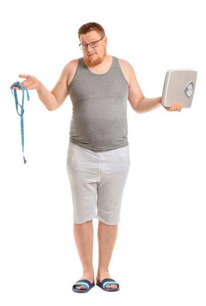 Confused Overweight Man Scales Measuring Tape White Background Weight Loss — Stock Photo, Image