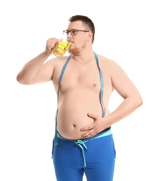 Homem Com Excesso Peso Com Fita Métrica Bebendo Cerveja Fundo — Fotografia de Stock