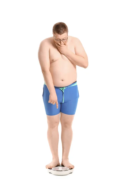 Uomo Stressato Sovrappeso Con Squame Sfondo Bianco Perdita Peso Concetto — Foto Stock