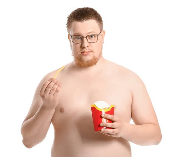 Homem Com Excesso Peso Estressado Comendo Batatas Fritas Insalubres Fundo — Fotografia de Stock