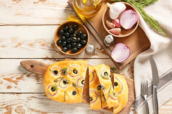 Composition Avec Focaccia Italienne Traditionnelle Sur Fond Bois — Photo