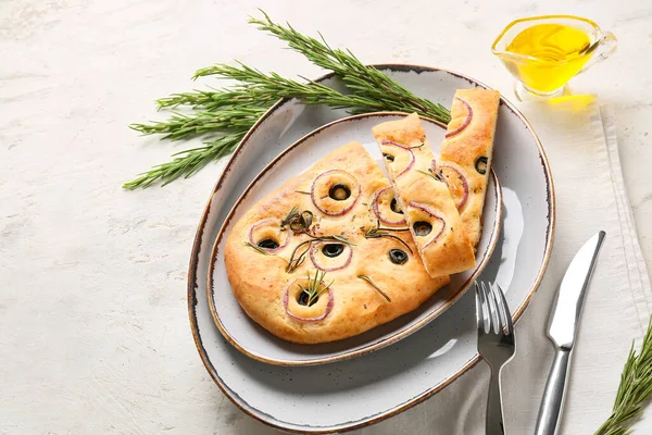 Plate Hagyományos Olasz Focaccia Fény Háttér — Stock Fotó