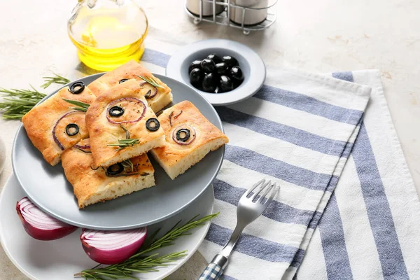 Plate Traditional Italian Focaccia Light Background — Stock Photo, Image