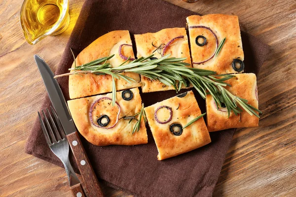 Traditional Italian Focaccia Wooden Background — Stock Photo, Image