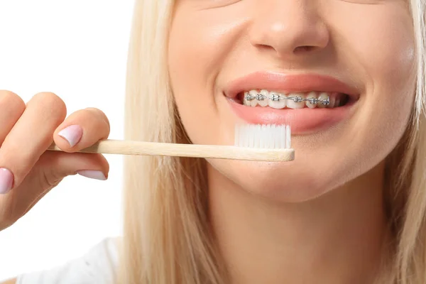 Young Woman Dental Braces Wooden Toothbrush White Background — Stock Photo, Image