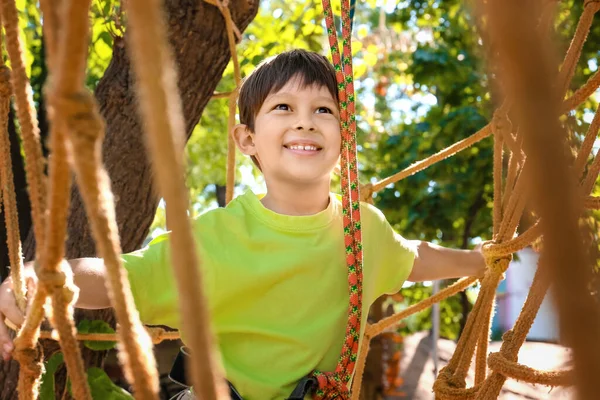 Little Boy Climbing Adventure Park — Stock Photo, Image