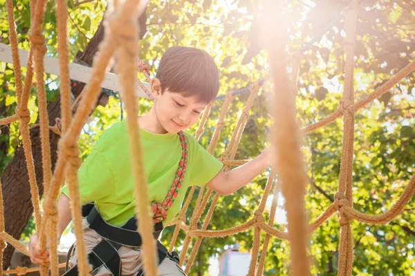 Little Boy Climbing Adventure Park — Stock Photo, Image