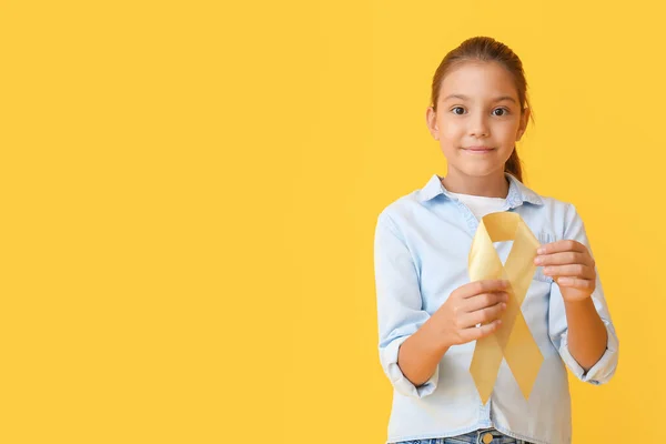 Little Girl Golden Ribbon Color Background Childhood Cancer Awareness Concept — Stock Photo, Image