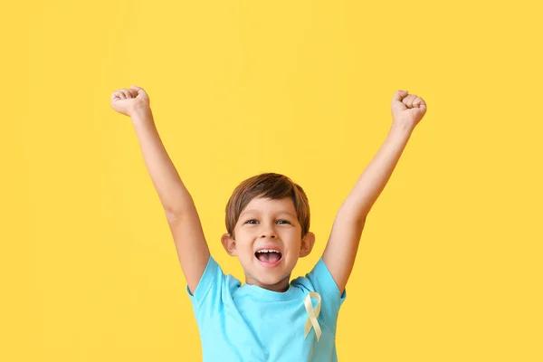 Little Boy Golden Ribbon Color Background Childhood Cancer Awareness Concept — Stock Photo, Image