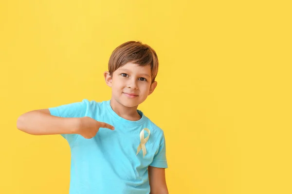 Little Boy Golden Ribbon Color Background Childhood Cancer Awareness Concept — Stock Photo, Image