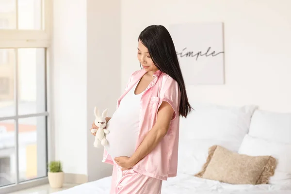 Pregnant Asian Woman Baby Toy Bedroom — Stock Photo, Image