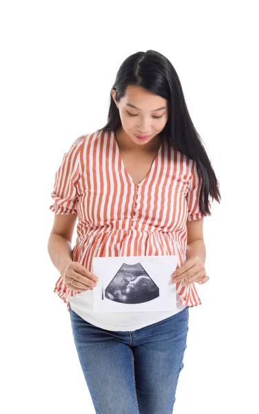 Incinta Donna Asiatica Con Sonogramma Immagine Sfondo Bianco — Foto Stock