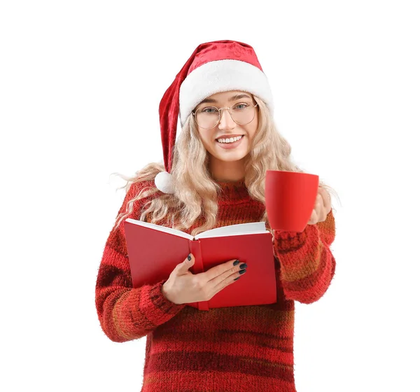 Mulher Bonita Chapéu Santa Com Livro Xícara Sobre Fundo Branco — Fotografia de Stock