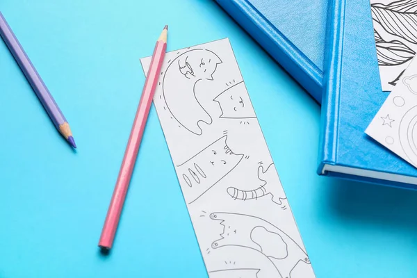 Cute Bookmark Pencils Books Color Background — Stock Photo, Image