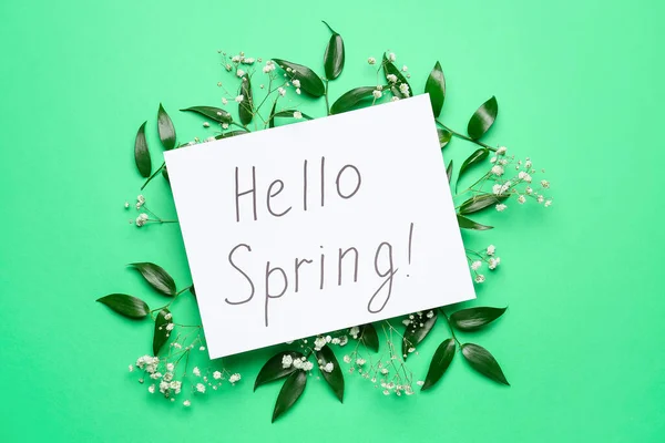 Paper Sheet Text Hello Spring Floral Decor Color Background — Stock Photo, Image