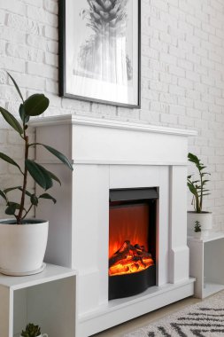 Odanın içinde çiçekli şömine.