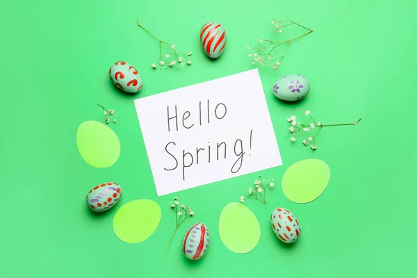 Easter Composition Text Hello Spring Color Background — Stock Photo, Image