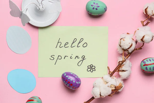 Composición Pascua Con Texto Hello Spring Sobre Fondo Color — Foto de Stock