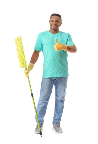 Afro Amerikaanse Man Met Zwabber Met Duim Witte Achtergrond — Stockfoto