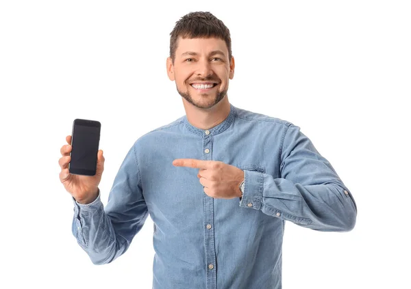 Hombre Con Teléfono Móvil Sobre Fondo Blanco —  Fotos de Stock