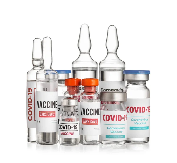 Různé Vakcíny Pro Imunizaci Proti Covid Bílém Pozadí — Stock fotografie